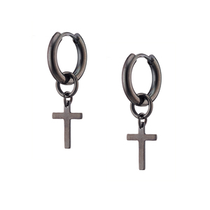 Unisex σκουλαρικια κρικάκια (ζευγάρι) με σταυρό ατσαλι 316L μαύρο Art 02123