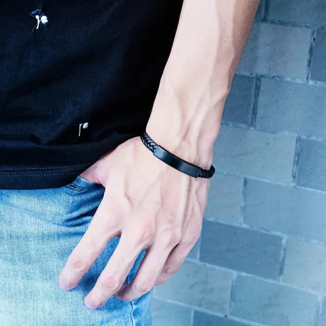 Men's steel bracelet 316L leather black