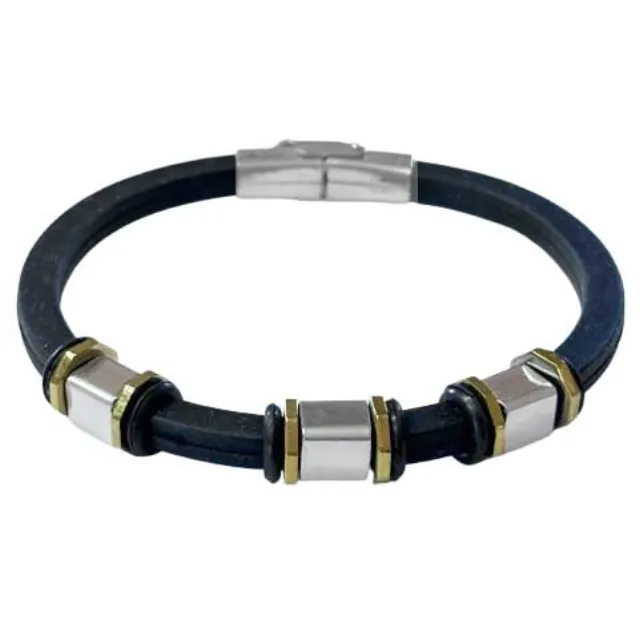 Men's bracelet with black rubber and silver/gold metals