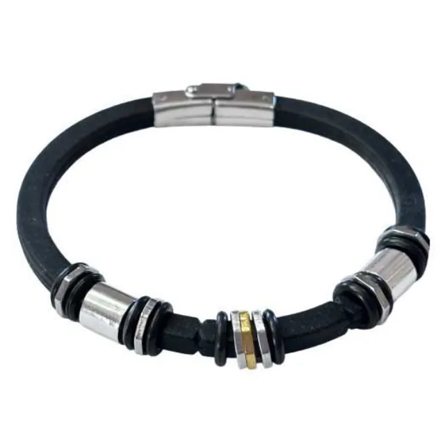 Men's bracelet with black rubber and silver/gold metals