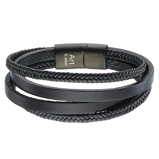  Men's steel bracelet  leather Art 00465 316L black 
