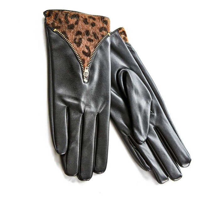 Women's fur neck-gloves set Verde 12-0486 black