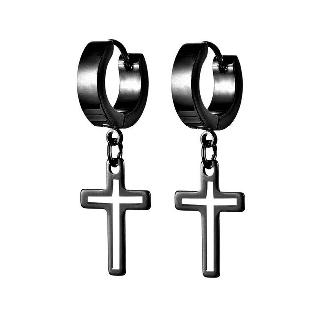 Unisex σκουλαρίκια κρίκοι ζευγάρι με σταυρό ατσάλι316L μαύρο bode02216