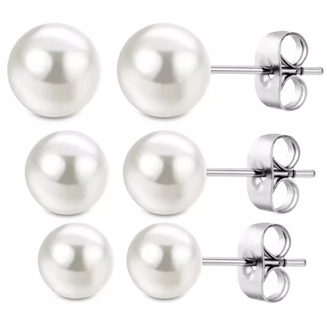 Women's Earrings White Pearls studded SET 3 Pairs steel 316L