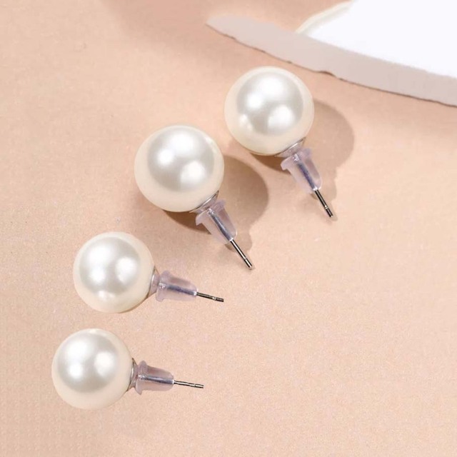 Women's Earrings White Pearls studded SET 2 Pairs steel 316L