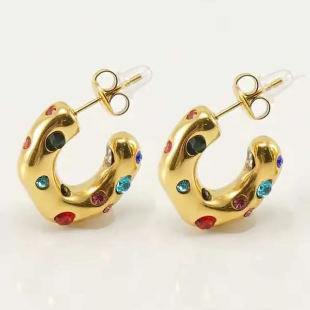 Women's earrings Hoop with white stones steel 316 gold