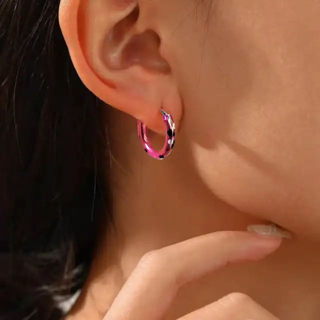 Unisex earrings hoops pair 10mm silver 925 in pink colour