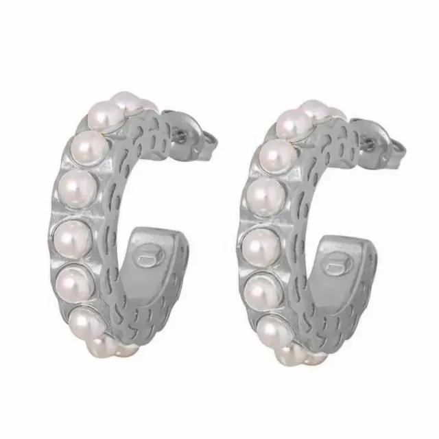 Women's earrings Hoop with white pearls steel 316 silver