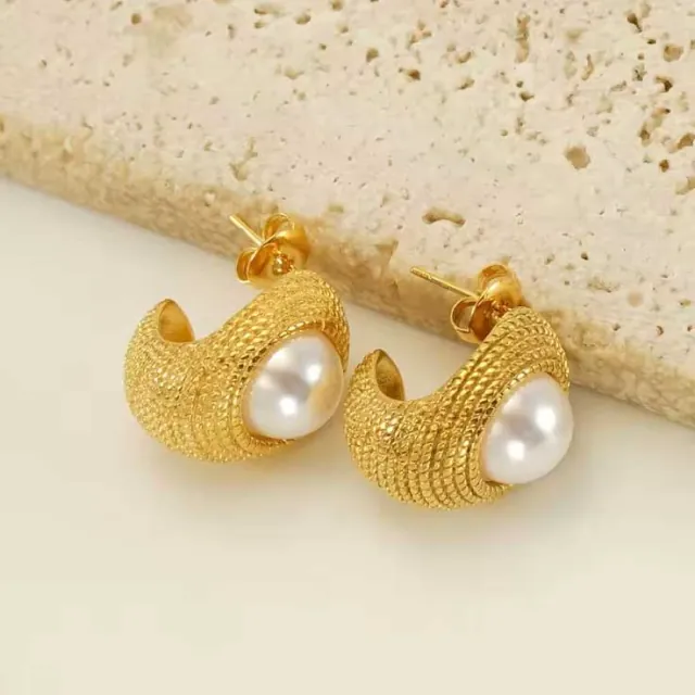 Women's earrings Hoop with white pearl steel 316 gold