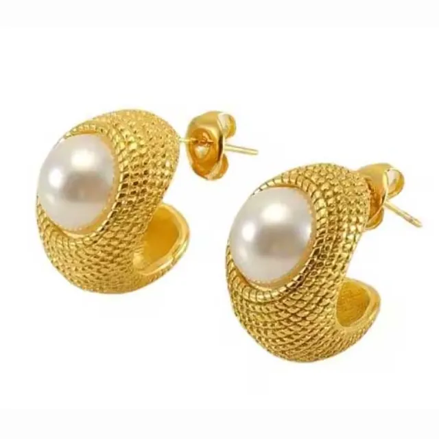 Women's earrings Hoop with white pearl steel 316 gold