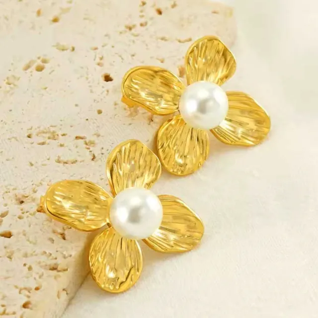 Women's earrings Pearl Flower steel 316L gold 