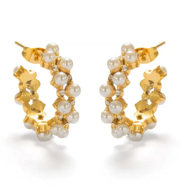 Women's earrings Hoop with white pearls steel 316 gold