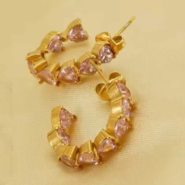 Women's earrings Hoop with Pink stones steel 316 gold