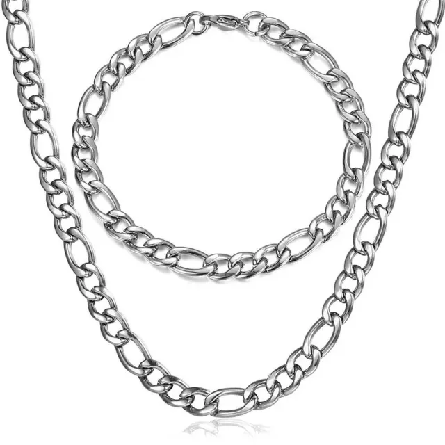 Men's Set Figaro necklace and bracelet width 7.3mm steel 316L silver