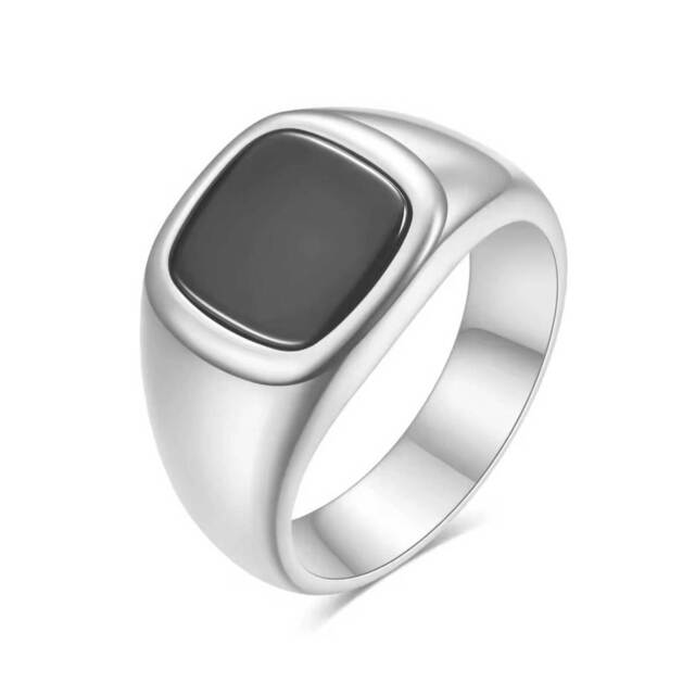 Men's ring with black stone 316L steel silver