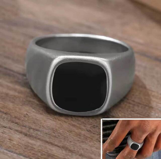 Men's ring with black stone 316L steel silver