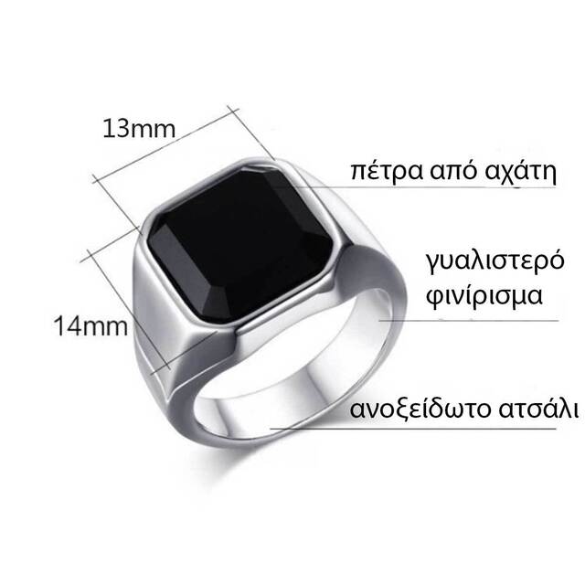 Men's ring with black stone 316L steel silver