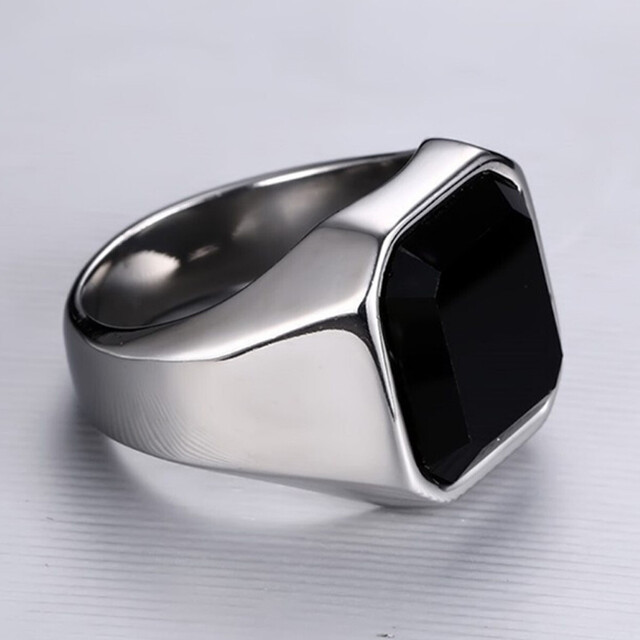 Men's ring with black stone 316L steel silver