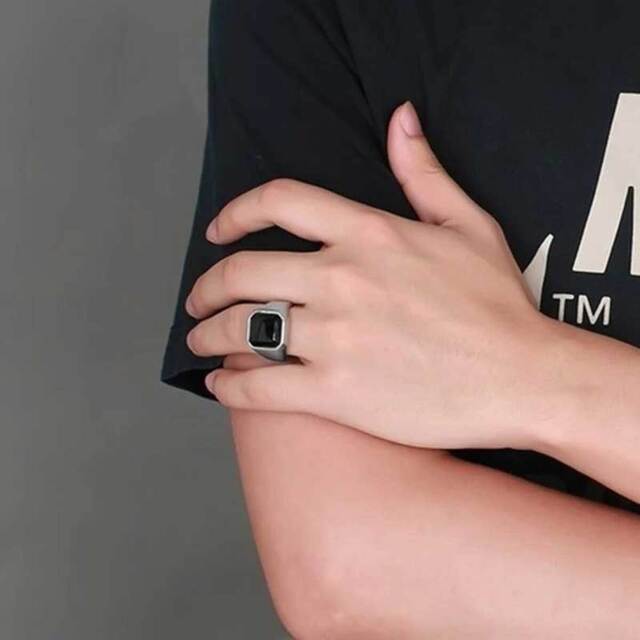 Men's ring with black stone 316L steel silver