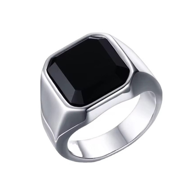 Men's ring with black stone 316L steel silver