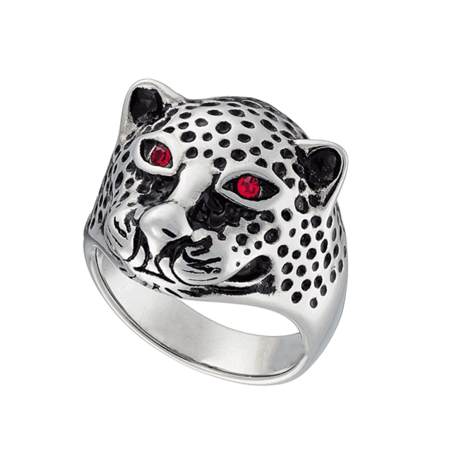 Men's ring with Panther and red stones stainless steel 316L silver 