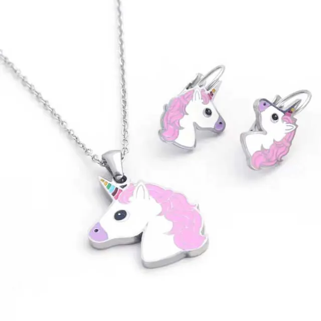 Children's Set necklace-earrings hypoallergenic steel unicorn 316L silver