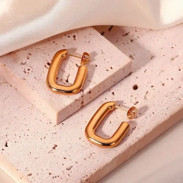 Women's earrings rectangles steel 316L rings rose-gold
