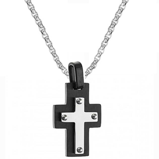 Men's steel cross with chain 316L silver and black