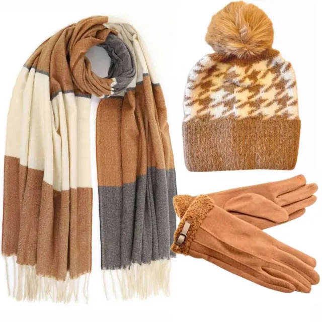 BODE Set Women's Hat and Scarf and gloves one size 12-0611  beige/brown