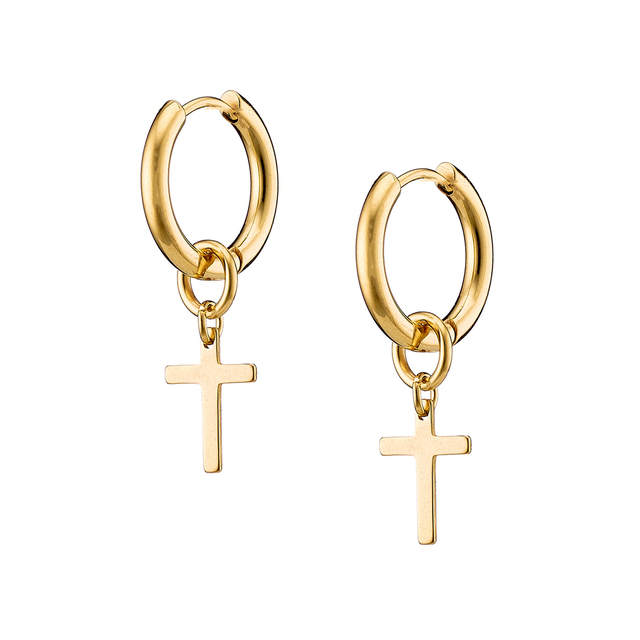Unisex σκουλαρικια κρικάκια (ζευγάρι) με σταυρό ατσαλι 316L χρυσό Art 02123