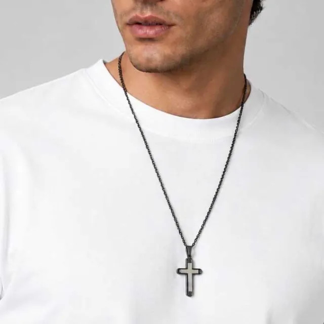 Men's 316L Stainless Steel Cross Necklace – Black & Silver bode 01316BL