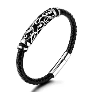  Men's steel bracelet  leather 316L black 00536