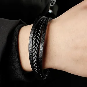 Men's Bracelet Stainless Steel Three-row Leather Black