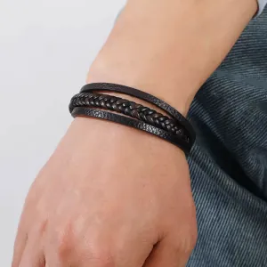 Men's Bracelet Stainless Steel Three-row Leather Brown