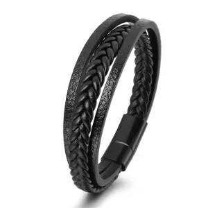 Men's Bracelet Stainless Steel Three-row Leather Black