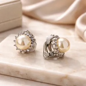 Γυναικεία σκουλαρίκια Clip με Πέρλα και Λευκές Πέτρες ασημί  bode 01611