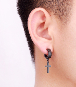 Unisex earrings hoop cross steel pair 316L black Art 02060
