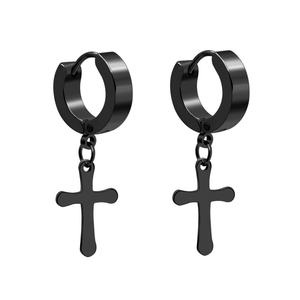 Unisex earrings hoop cross steel pair 316L black 