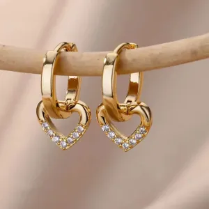 Women's earrings Gold Plated Hearts White Stones Stainless Steel