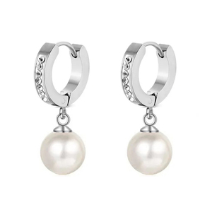 316L steel hoop earrings with Pearl and White Stones silver bode 02659