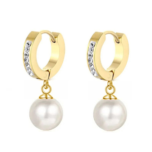 316L steel hoop earrings with Pearl and White Stones gold bode 02660