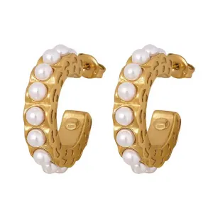 Women's earrings Hoop with white pearls steel 316 gold