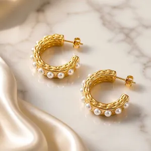 Women's earrings Hoop with white pearls steel 316 gold