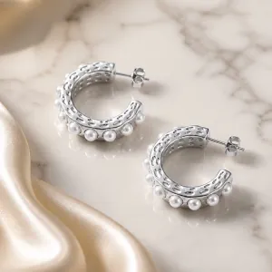 Women's earrings Hoop with white pearls steel 316 silver