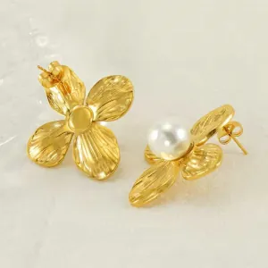 Women's earrings Pearl Flower steel 316L gold 