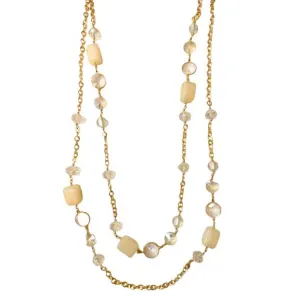 Women's long double-strand necklace with beads and rhinestones, gold, bode 03010