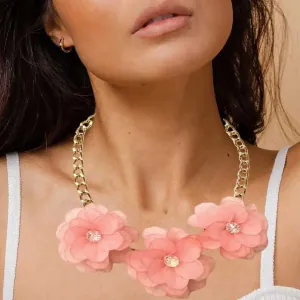 Women's necklace Flowers and rhinestones  pink  bode 03020