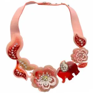 Women's necklace Flowers and Rrinestones in coral