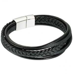  Men's steel bracelet  leather 316L black 