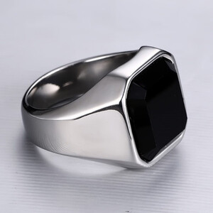 Men's ring with black stone 316L steel silver